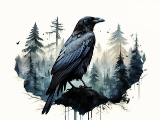 A Double Exposure Style Silhouette of a Crow with a Forest Background