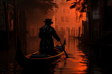 lone gondolier navigating the quiet canals of Venice, their silhouette cast against the dimly lit buildings - obrazy, fototapety, plakaty