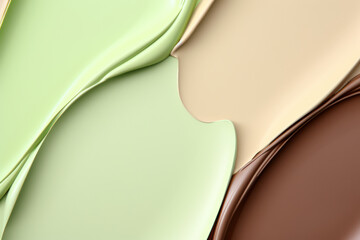 close-up of paint pouring in green, beige, and brown, creating a smooth, fluid abstract design.