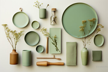 Fototapeta na wymiar assortment of green ceramic tableware and wooden utensils on a light background, adorned with dried flowers.