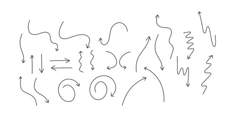 Hand drawn arrows vector set on white isolated background. Curved, zigzag, spiral doodle arrows. For advertising, presentation, infographics.