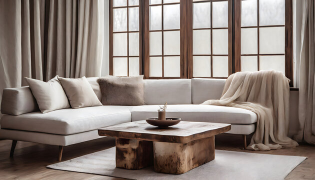 living room interior of modern house sofa and rustic coffee table, 3d render