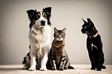  Silhouette of the dog and cats  - obrazy, fototapety, plakaty