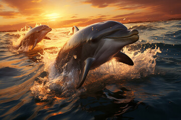 A serene photo capturing the tranquility of a calm sea at sunset, with dolphins gracefully gliding...