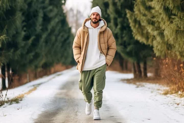 Fotobehang A content man in a hooded beige jacket and green pants strides confidently on a wintry forest pathway. © Enigma