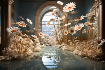 Delight your senses with a captivating photo featuring a commercial space transformed into a daisy wonderland, where blooms cascade like a floral waterfall. - obrazy, fototapety, plakaty