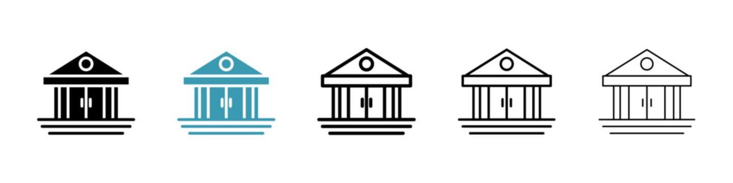 Financial institute vector illustration set. Government building symbol. Public school campus sign. Court justice icon in black color.