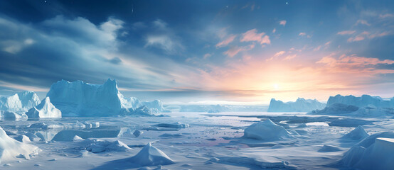 Frozen winter landscape in Greenland or the Arctic with midnight sun