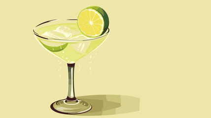 copy space, simple vector illustration, hand drawn, Margarita cocktail with lime in glass. Beautiful background for national Margarita day. Happy Margarita day! Background for bar or restaurant.