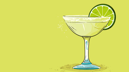 copy space, simple vector illustration, hand drawn, Margarita cocktail with lime in glass. Beautiful background for national Margarita day. Happy Margarita day! Background for bar or restaurant.