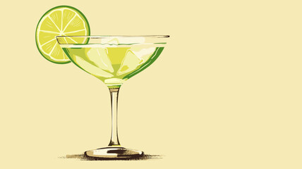 copy space, simple vector illustration, hand drawn, Margarita cocktail with lime in glass. Beautiful background for national Margarita day. Happy Margarita day! Background for bar or restaurant.