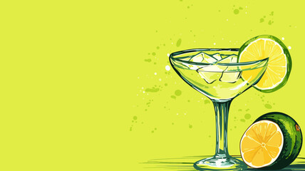 copy space, simple vector illustration, hand drawn, Margarita cocktail with lime in glass. Beautiful background for national Margarita day. Happy Margarita day! Background for bar or restaurant.