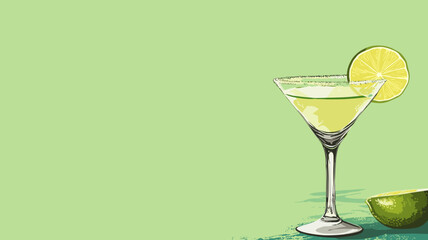 copy space, simple vector illustration, hand drawn, Margarita cocktail with lime in glass. Beautiful background for national Margarita day. Happy Margarita day! Background for bar or restaurant.