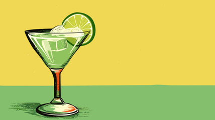 copy space, simple vector illustration, hand drawn, Margarita cocktail with lime in glass. Beautiful background for national Margarita day. Happy Margarita day! Background for bar or restaurant.