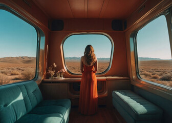 Paisaje con mujer en una caravana en escena vintage surrealista de calma y espiritualidad - obrazy, fototapety, plakaty
