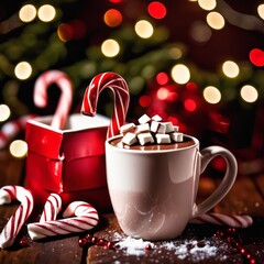 Hot chocolate Mug on rustic Christmas table. A candy cane and marshmallow are on the hot chocolate.