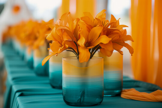 Bright orange lilies in a teal and yellow gradient vase on a teal tablecloth, with a blurred festive background.