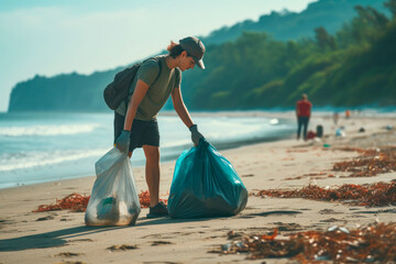 volunteers collecting trash from the beach