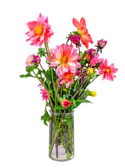 Isolated dahlia flower arrangement in a glass vase