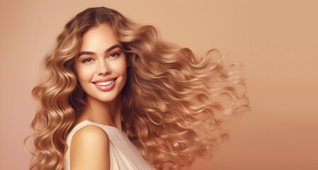 Portrait of young happy woman with Rapunzel Waves hairstyle. Skin care beauty, skincare cosmetics, dental concept, isolated over cream background. 