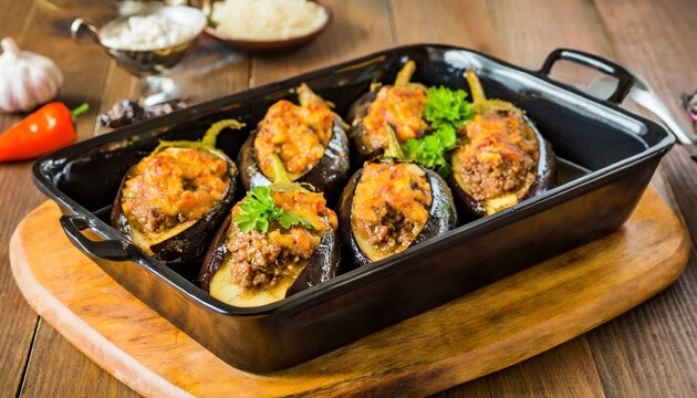 Turkish Gastronomy - Karniyarik - Eggplant Stuffed with a Mix of Minced Meat, Onions, Garlic and Black Pepper