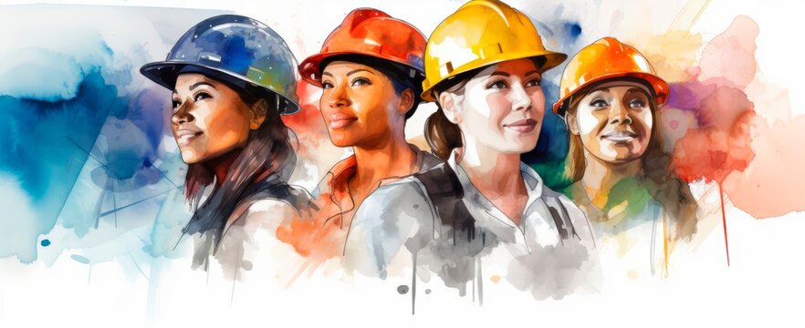 Group of multicultural working woman  in watercolor style. isolated on white background, horizontal banner, large copy space for text. International Women's Day. Empowered girl, working woman day