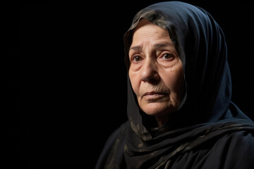 A woman wearing a hijab looks at the camera with a sad look on her face