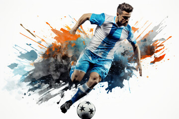Soccer player in action on a white background with watercolor splashes, banner, space for text