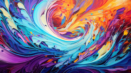 Colorful abstract painting with swirling lines and splashes of paint. Multilayered surfaces