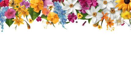 The floral background is decorated with beautiful colorful flowers and leaves. Isolated on transparent background, PNG file.