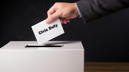 Hand casting a ballot into the election box with &ldquo;Civic Duty&rdquo; written on the paper. A powerful symbol of democratic responsibility