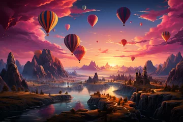 Gardinen Embark on a visual journey with a breathtaking photo of vibrant hot air balloons soaring over the stunning Cappadocian landscape, creating a surreal tapestry of colors against the © HASAN