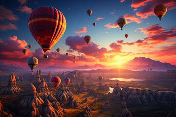 Embark on a visual journey with a breathtaking photo of vibrant hot air balloons soaring over the...