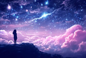 a little girl looking at the sky with clouds and stars, blue and pink