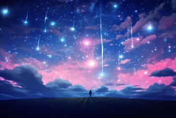 a person looking at the sky with clouds and stars, blue and pink
