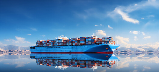 cargo container ship on the sea, logistics and supply chain, ai technology, blockchain, shipping industry, esg - obrazy, fototapety, plakaty