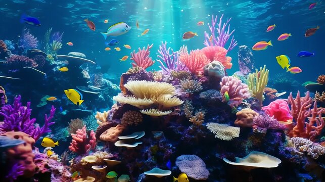 A colorful coral reef of warm or Caribbean seas with many bright colors and small beautiful fish.