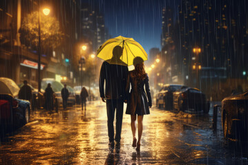 People walking in the night city. Romantic scene. A man and woman walking on the rainy night under yellow umbrella. 