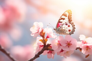 Cherry blossom on a branch with beautiful butterfly. Colorful creative spring background. 