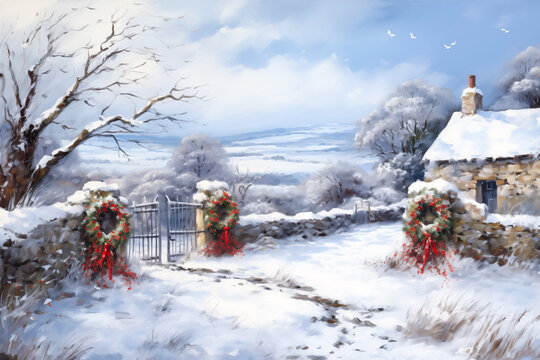 Christmas wreaths on gate and stone walls in the winter snow, Christmas in Ireland, painting, traditional, old fashioned, country