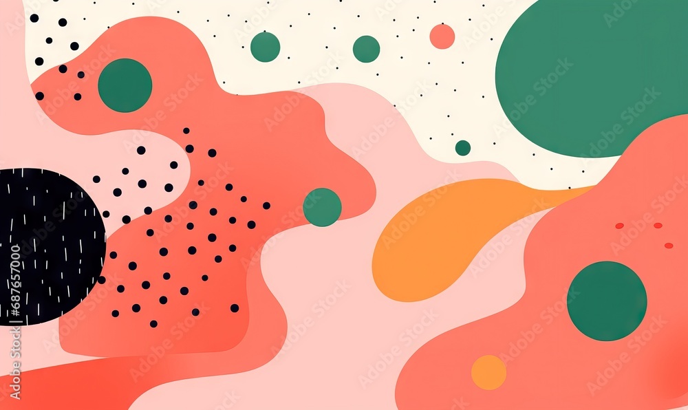 Poster vibrant abstract background with colorful shapes and dots on a risograph background.