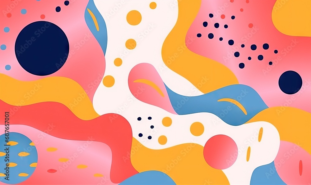 Poster vibrant abstract background with colorful shapes and dots on a risograph background.