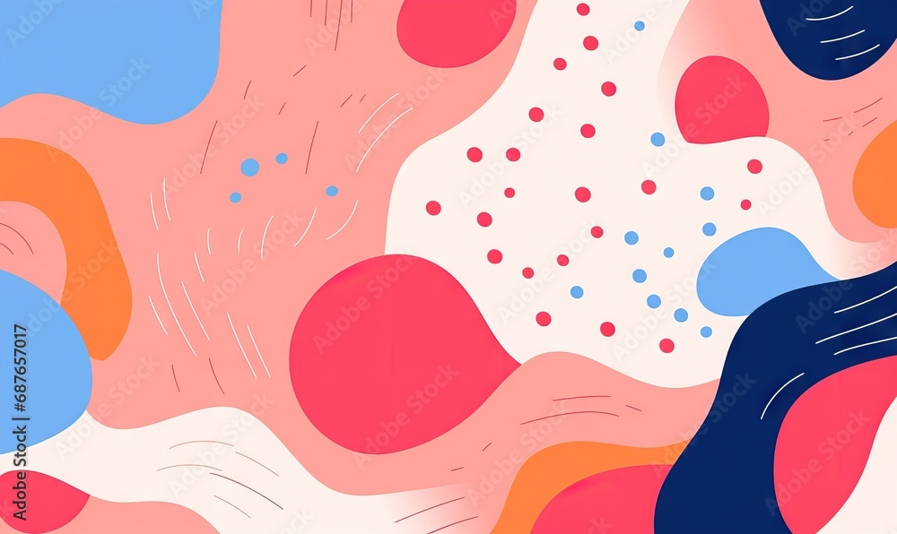 Poster vibrant abstract background with colorful shapes and dots on a risograph background.