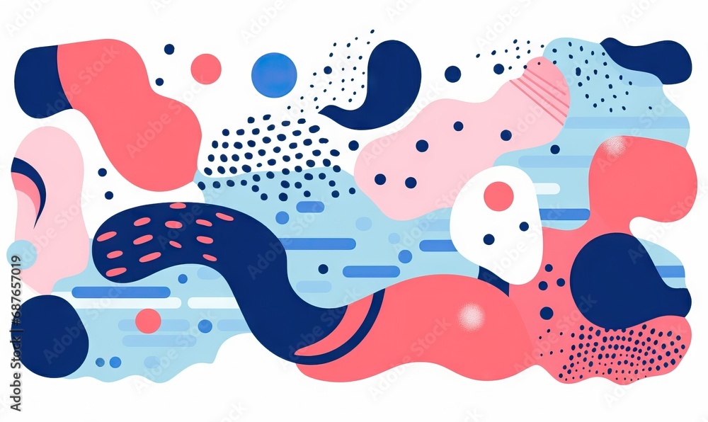 Poster vibrant abstract background with colorful shapes and dots on a risograph background.