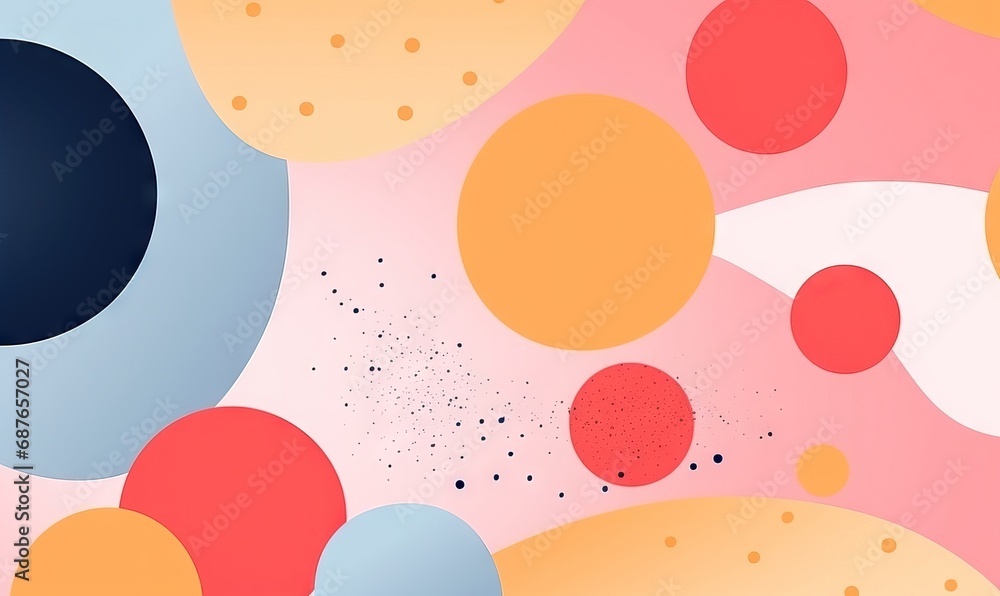 Poster vibrant abstract background with colorful shapes and dots on a risograph background.