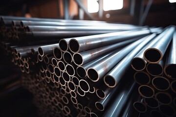 Steel pipes stacked in a warehouse, ready for distribution. Logistical concept - obrazy, fototapety, plakaty