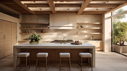 Spacious kitchen with wooden beams and island.