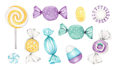 set of candies.watercolor lollipop,bonbon and candy isolated