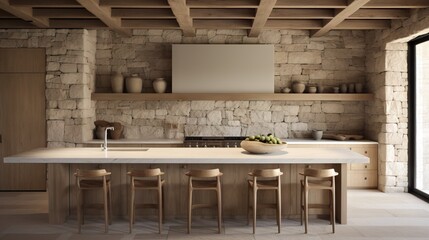 Spacious kitchen with wooden beams and island.
