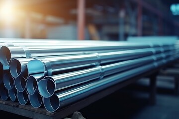 Steel pipes stacked in a warehouse: a neat arrangement of cylindrical metal tubes,for industrial use - obrazy, fototapety, plakaty